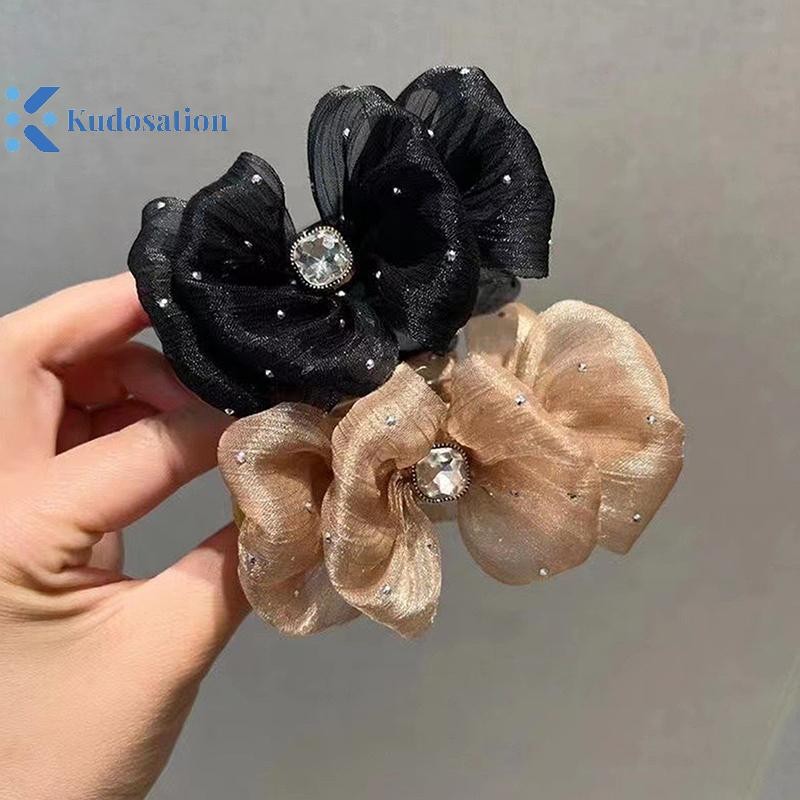 Kudosation Thanh Lịch Kim Cương Giả Bong Bóng Lưới Hai Mặt Nơ Đuôi Ngựa Vuốt Tóc Cho Nữ Phụ Kiện Tóc