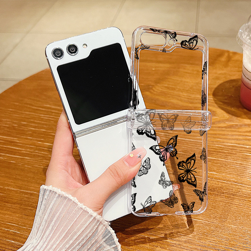 Bướm In Hoa Trong Suốt Vỏ Điện Thoại Cho Samsung Galaxy Z Flip 6 Flip 5 Flip 4 5G Full Bản Lề Cứng PC Gấp Bao Cho Samsung Z Flip 6 5 4 3