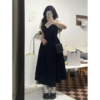 M-4XL Đầm Size Lớn Nữ Ôm Hơn Nhìn Đen Tay Ngắn Một Mảnh Đầm Nơ Phối Ren 2023 Hơi Béo mm Che Thịt Mỏng Hơn Nhìn Khâu Trên Đầu Gối Váy Dài Vừa Lớn