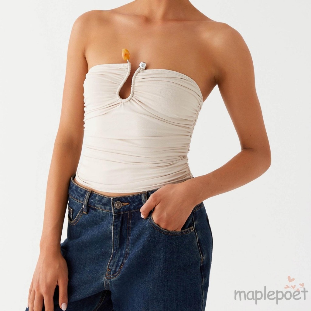 Maplepoet-áo kim loại màu trơn không dây mùa hè dành cho nữ Mặt trước Slim Fit Tube Tops
