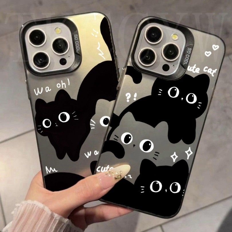 Ốp Điện Thoại Mạ Điện Mờ Cho Samsung S24 S23 S22 S21 Ultra Plus S20 S21 FE M14 M12 M31 M23 M32 M22 Mới Mèo Nhỏ Đen Dễ Thương Cặp Đôi IMD Cover