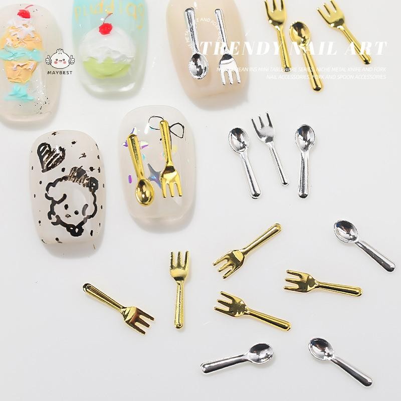Maybest 50 Chiếc Hỗn Hợp Ins Niche Bộ Đồ Ăn Series Thìa Nĩa Móng Tay 3D Kim Loại Móng Tay Khuôn Trang Trí Móng Tay DIY Nail Art Charm Phụ Kiện {VN}