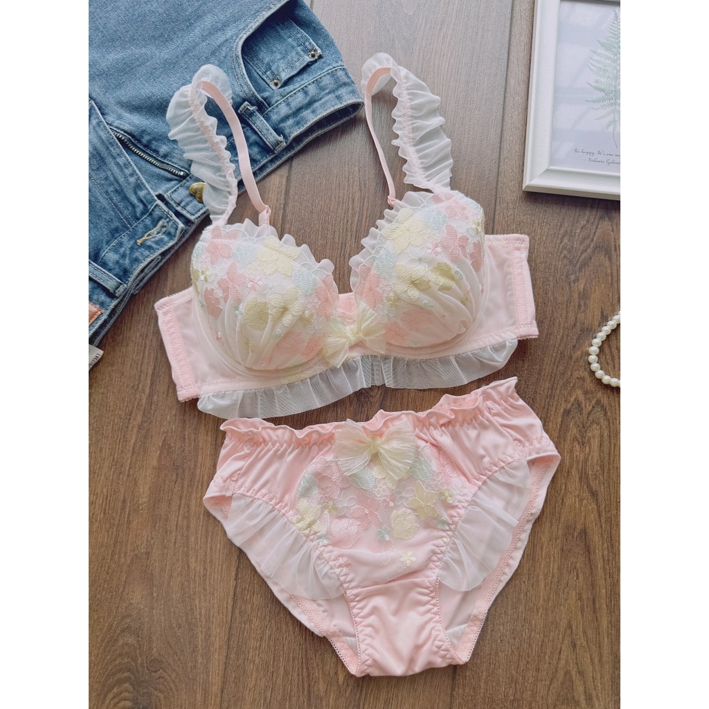 Bộ áo ngực cốc mỏng thêu cô gái ngọt ngào Nhật Bản Bộ đồ lót cốc lớn cỡ lớn