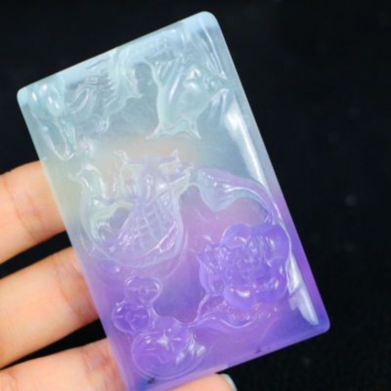 Hoàn Hảo Ice Loài Tím Nổi Xanh Khắc Cá Chơi Sen Mặt Dây Chuyền Ngọc Mặt Dây Chuyền Trang Sức Tinh Tế