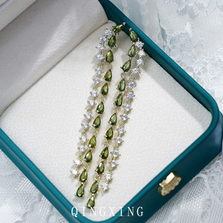 Châu Âu Mỹ ins Phong Cách Mới Xanh Ô Liu Dài Giọt Nước Zircon Bông Tai Nữ