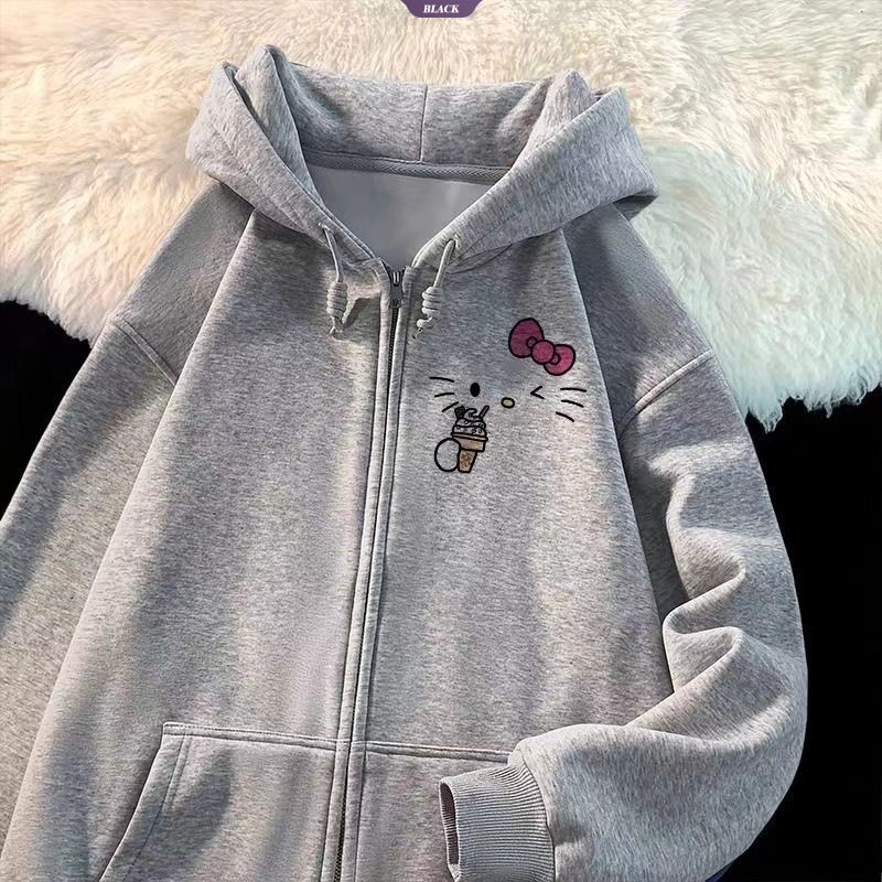 Phiên bản Hàn Quốc của Áo len Cardigan có mũ trùm đầu Hello Kitty dễ thương dành cho nữ Xuân Thu Áo khoác phần mỏng mới [BL]