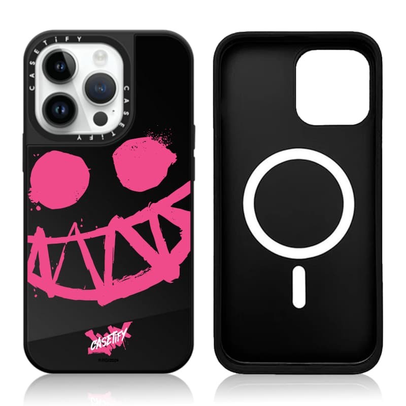 CASETiFY X Arcane Pink Smiley Face Case hút từ tính Vỏ IPhone gương đen & bạc IPhone 16 15 14 13 12 Pro Max Plus Ốp điện thoại cứng có hộp khắc logo
