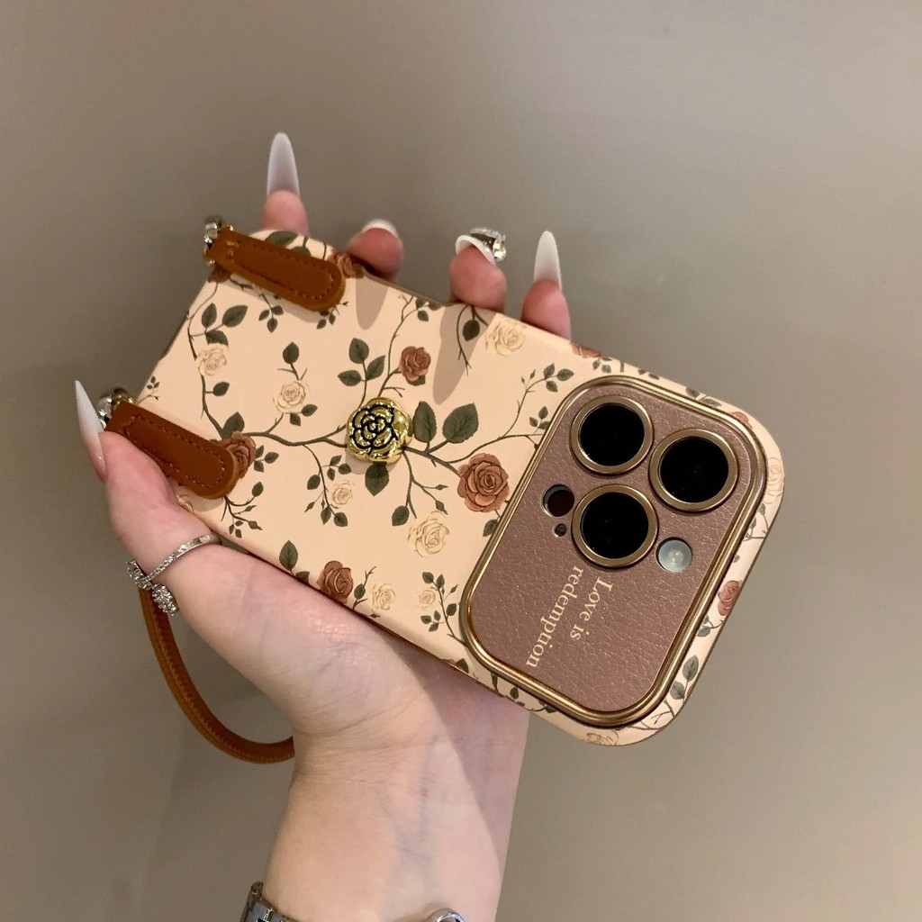 Ốp điện thoại mẫu mới 16 hoa hồng da ba chiều dây đeo iPhone15ProMax 14 chống rơi 13 Nữ 12