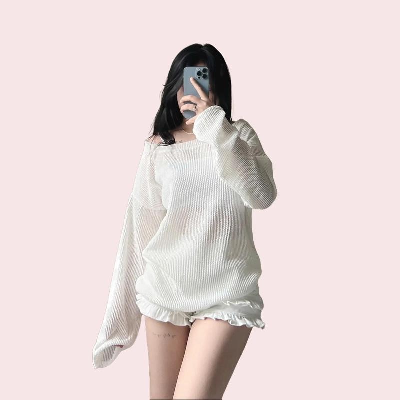 Set áo trễ vai lưới tay dài form rộng kèm áo hai dây trong- A368