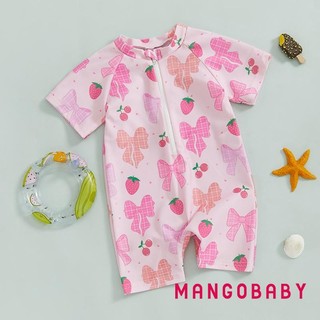Mg-toddler Girl Rash Guard Đồ bơi anh đào / nơ in dây kéo tay ngắn có khóa kéo lên Bộ đồ tắm