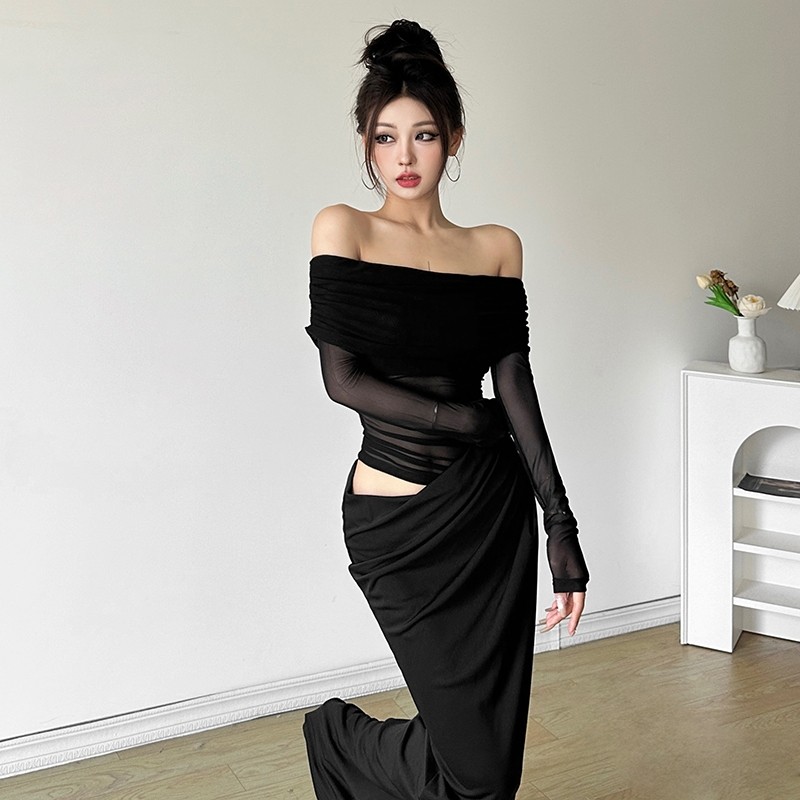 Klalien Đầm Lưới Cổ Chém Chắc Chắn Skinny Chắp Vá Rỗng Ra Không Đều Tay Dài Hình Eo Hông-Cover Thời Trang Ngọt Ngào