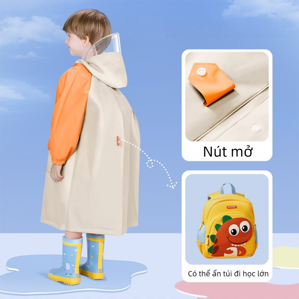 Áo mưa trẻ em 4-13 tuổi cao cấp có tấm chắn, kiểu rộng đeo được ba lô, chất liệu an toàn cho bé