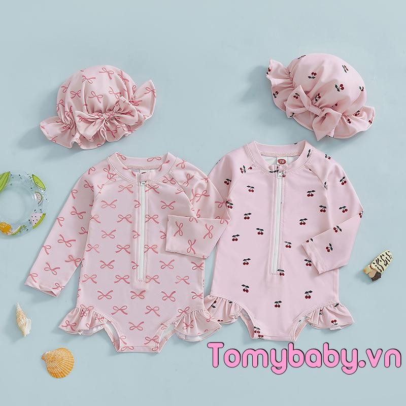 Bộ đồ bơi Baby Girls Rash Guard Nơ dài tay / Bộ đồ tắm in hình anh đào có mũ chống nắng