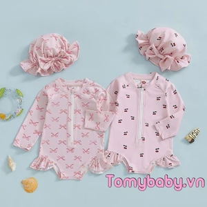 Bộ đồ bơi Baby Girls Rash Guard Nơ dài tay / Bộ đồ tắm in hình anh đào có mũ chống nắng