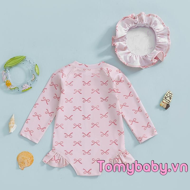 Bộ đồ bơi Baby Girls Rash Guard Nơ dài tay / Bộ đồ tắm in hình anh đào có mũ chống nắng