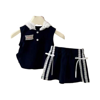 Bộ áo hoodie không tay và chân váy cho bé gái phong cách mới, thời trang preppy hai mảnh