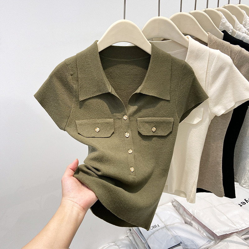 Áo thun ngắn tay cổ Polo nữ màu trơn đơn giản mùa hè mới 250423