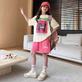 Bộ đồ mùa hè cho bé gái – Áo thun tay ngắn in họa tiết + Quần short thoải mái, phong cách Hàn Quốc