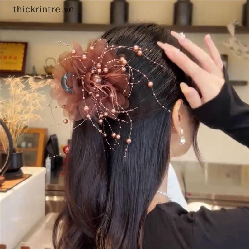 THI Thời Trang Lưới Đen Hoa Nữ Đuôi Ngựa Kẹp Mũ Đội Đầu Tính Khí Hoa Tóc Móng Vuốt Mũ VN