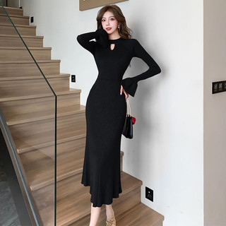 Rỗng Nửa Cổ Rùa Đầm Dệt Kim Nữ Thu Đông Over-the-Knee HẤP DẪN
