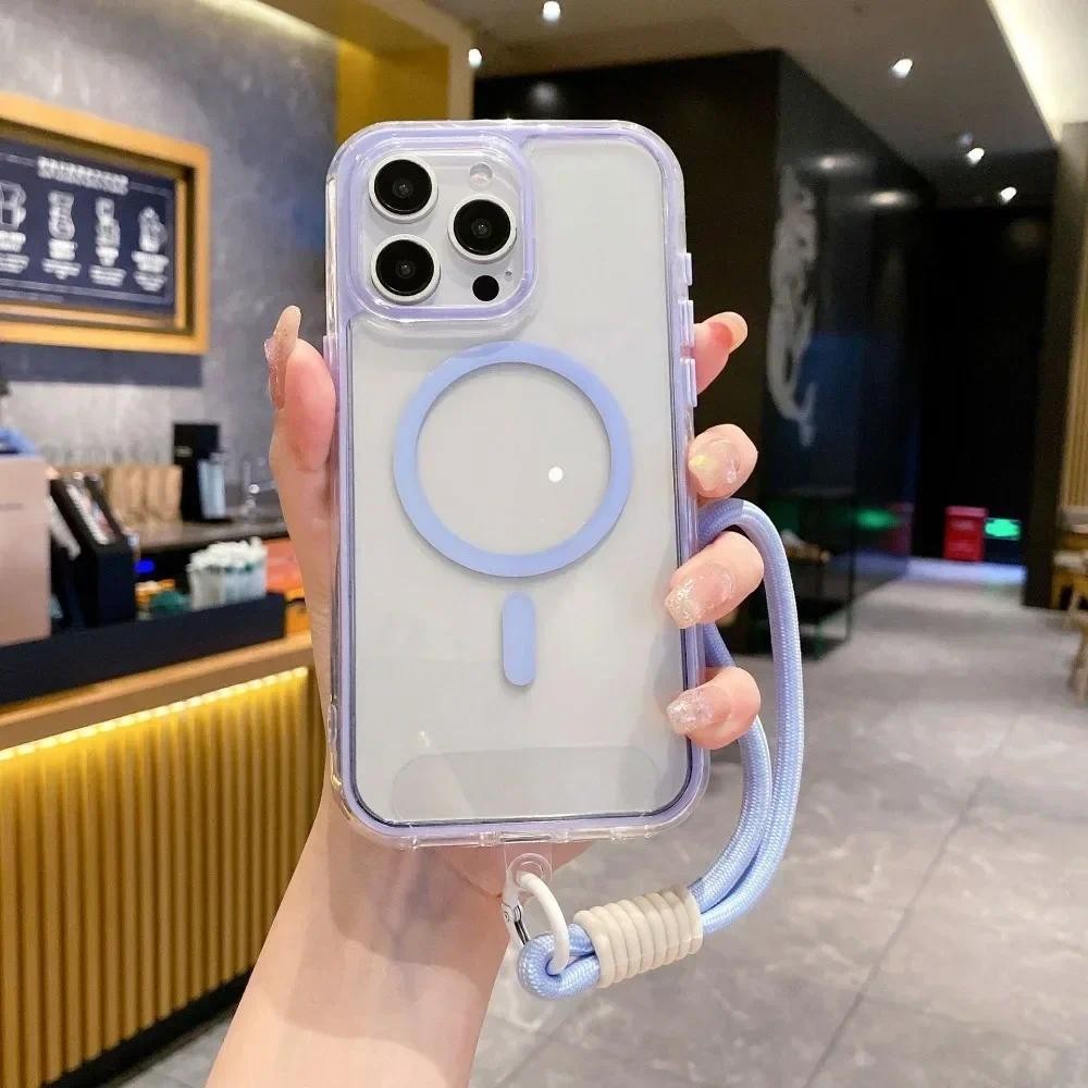 Ốp điện thoại dây đeo cổ tay trong suốt cho iPhone 16 Pro Max 15 14 Plus 13 12 11 Vỏ bảo vệ chống sốc