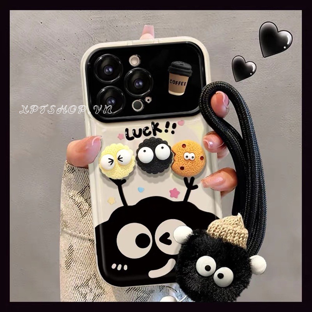 Dễ Thương Bóng Than Búp Bê + Mặt Dây Chuyền Lật Gương Giá Đỡ Ốp Lưng Điện Thoại Cho iPhone 17 Pro Max 17 Air 16 Plus 15 14 13 12 11ProMax Vỏ Bảo Vệ Chống Sốc