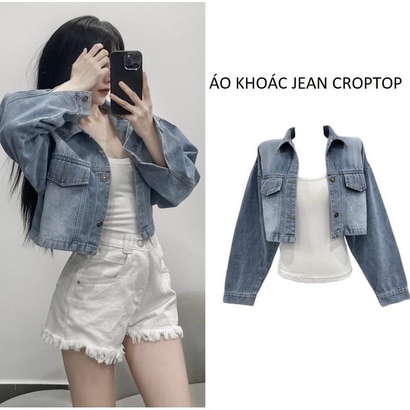 Áo khoác jean croptop nữ, áo chống nắng nữ freesize form thường phối túi lật màu loang phong cách cá tính- AK016