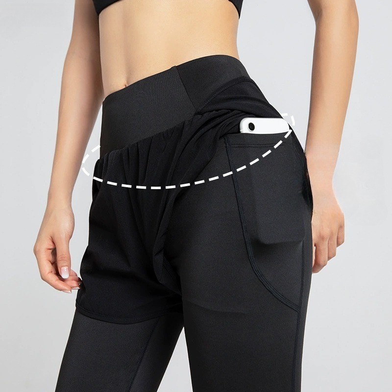 QuầnTập Gym Yoga Chạy Bộ 2 Lớp Có Túi Đựng Điện Thoại, Quần legging nữ co giãn, Có túi bên