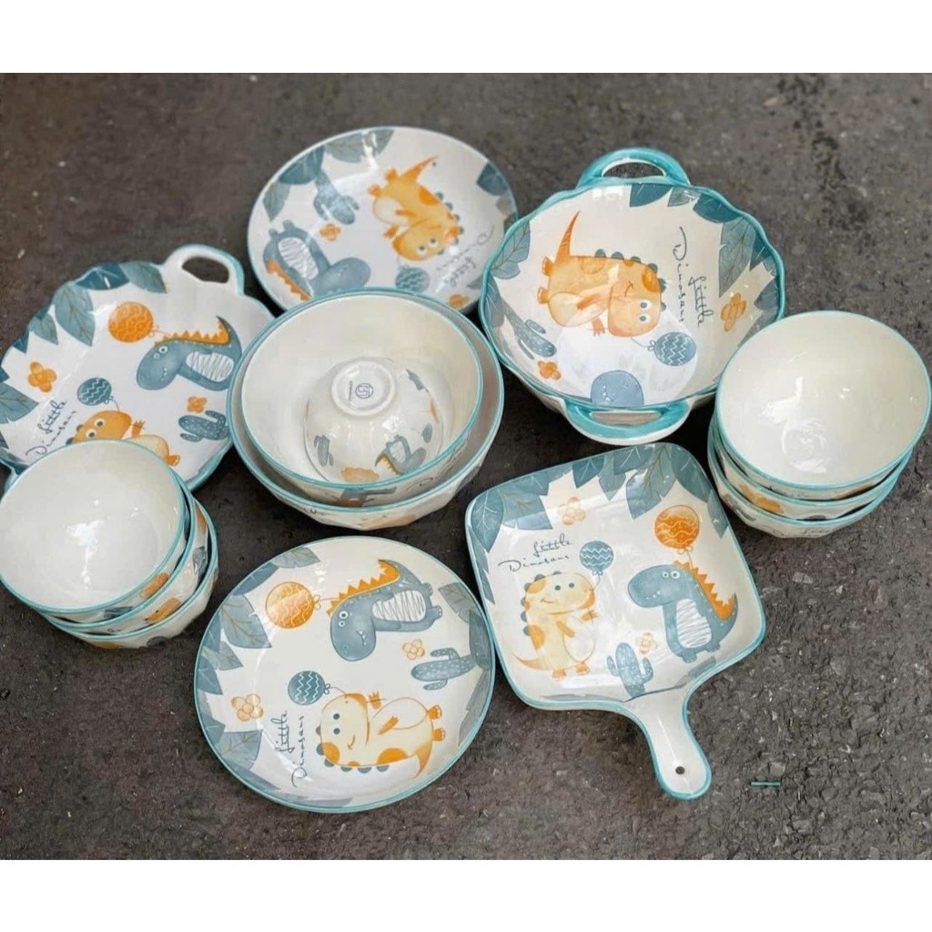 Bán lẻ bộ bát đĩa sứ họa tiết khủng long decor dễ thương