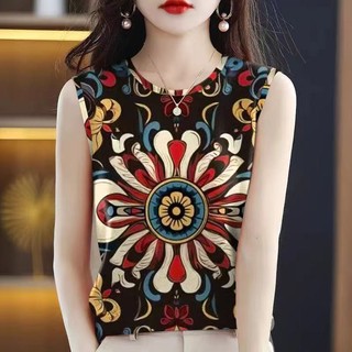 Mùa Hè 2025 Cổ Tròn Phong Cách Dân Tộc In Hình Băng Lụa Áo Nữ Trung Niên Người Cao Tuổi Không Tay Top