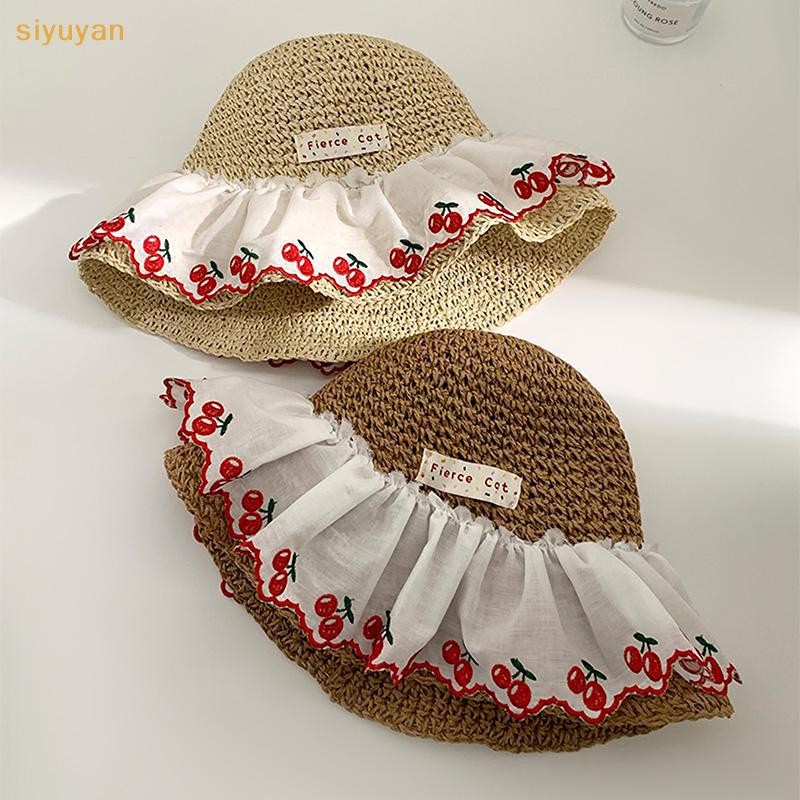 Siyuyan Ngọt Ngào Dễ Thương Anh Đào Ren Cạnh Mũ Rơm Cho Nữ Mùa Hè Rỗng Bên bờ Biển Kỳ Nghỉ Lớn Vành Che Nắng Mũ Chống Nắng Thời Trang VN