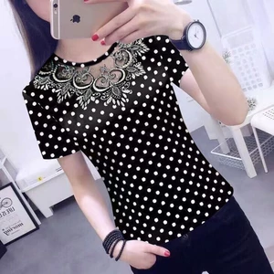Áo thun nữ cổ tròn mùa hè ren mỏng ren ren thời trang chấm bi áo thun nữ