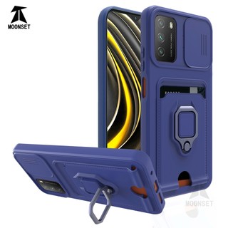 Dành Cho Xiaomi POCO M3 / Redmi 9T Ốp Lưng 4 Trong 1 Trượt Camera Bao Đựng Thẻ Đứng Vuông Freebie Dây Chống Sốc Chống Rơi Mỏng Mềm TPU Cover