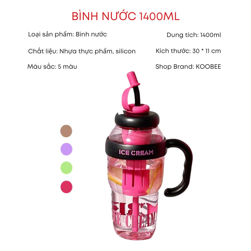 Bình Nước Nhựa 1400ml Có Ống Hút, Quai Cầm, Lọc Trà Detox Khóa Chặt Không Rò Rỉ Mang Đi Tập Gym, Đi Học, Đi Làm | 267