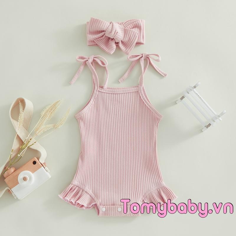 Bộ đồ liền thân không tay có dây buộc và xếp nếp đan gân cho bé gái kèm băng đô