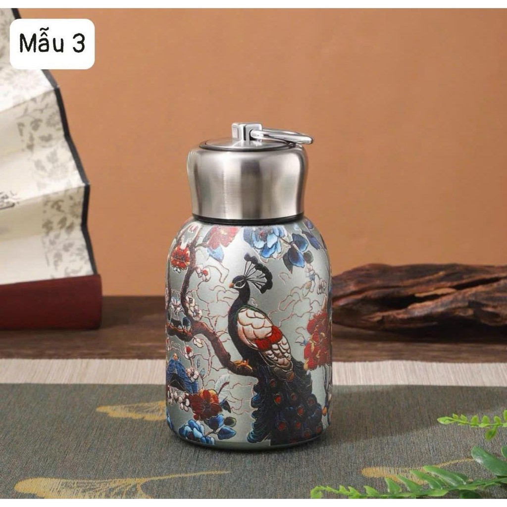Bình Giữ Nhiệt Inox 316 Mini 300ml Vintage Hoạ Tiết Phong Cách Xứ Hoa Anh Đào Có Quai Xách