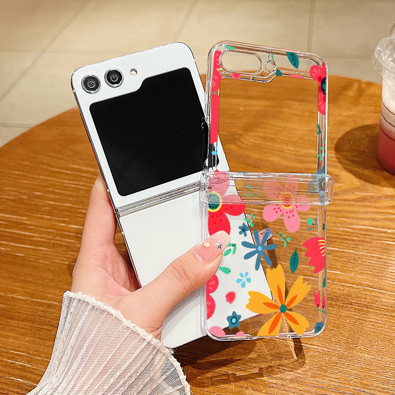Hoa Lãng Mạn Họa Tiết Hoa Trong Suốt Vỏ Điện Thoại Cho Samsung Galaxy Z Flip 6 Flip 5 Flip 4 5G Full Bản Lề Cứng PC Gấp Dành Cho Samsung Z Flip 6 5 4 3
