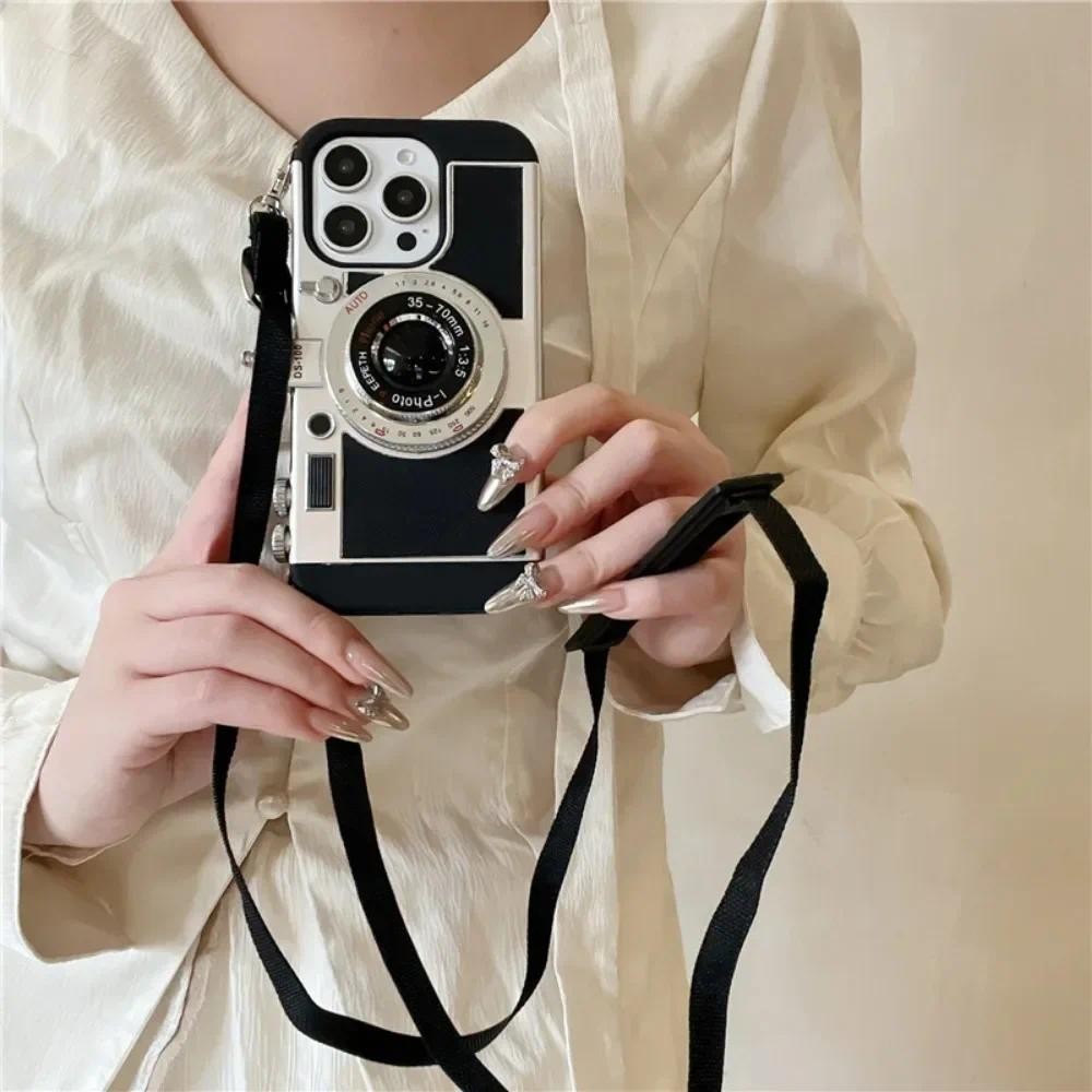Ốp Điện Thoại Đeo Ngang Camera 3D Retro Cho iPhone 16 Pro Max 15 14 13 11 12 Mini XS Max XR X 7 8 Plus SE 2020 2022 Dây Nhựa Cứng