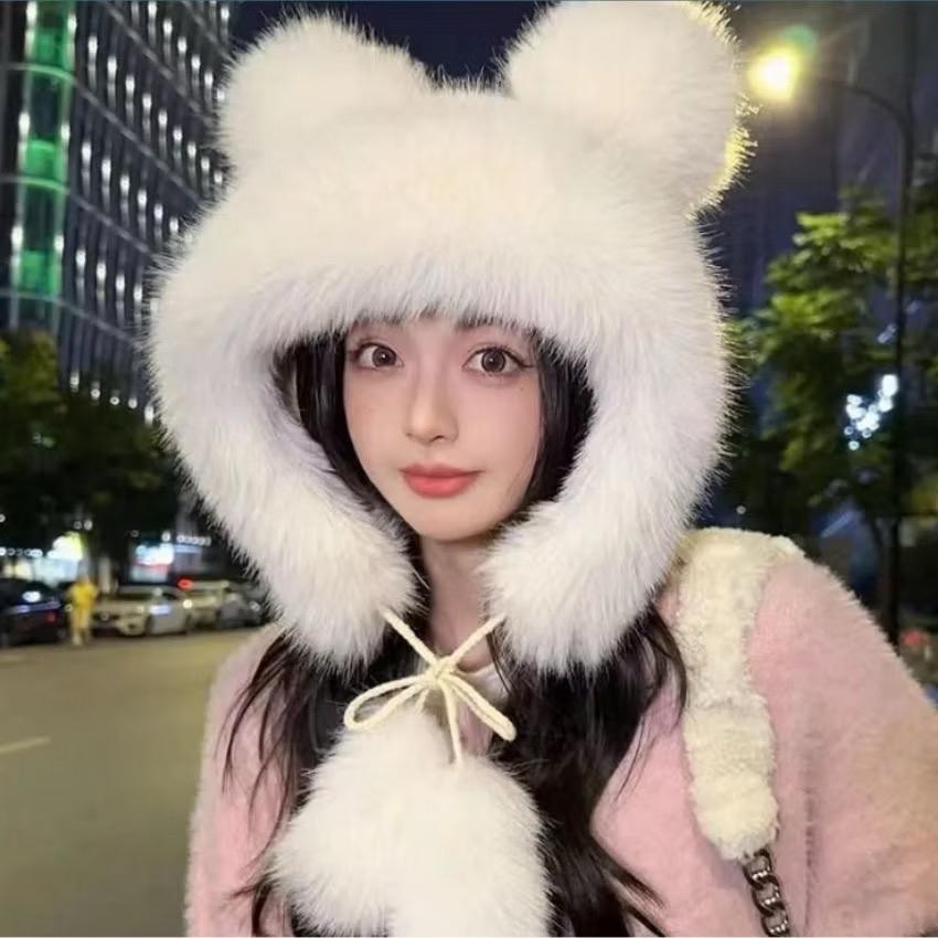 Mũ Lông Tai Gấu Dày Dặn Dễ Thương Chống Lạnh Kiểu Hàn Quốc Thời Trang Thu Đông Cho Nữ Hat Nón