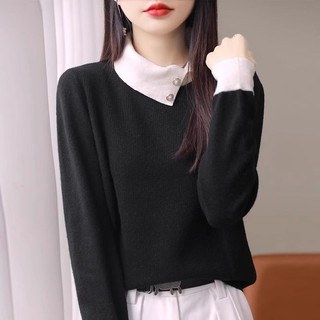 Màu Sắc Tương Phản Áo Len Dài Tay Top Nữ Thu Đông Áo Len Cao Cấp Mặc Ngoài Phong Cách Phương Tây Giảm Tuổi Ve Áo Đáy