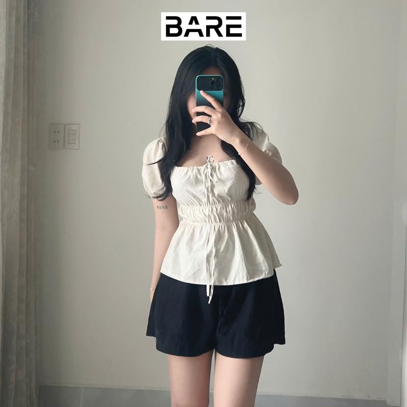 Áo kiểu tay bồng cột nơ chất linen, Áo babydoll tiểu thư dễ thương bo chun thân xinh xắn_A374 Nữ Top Women