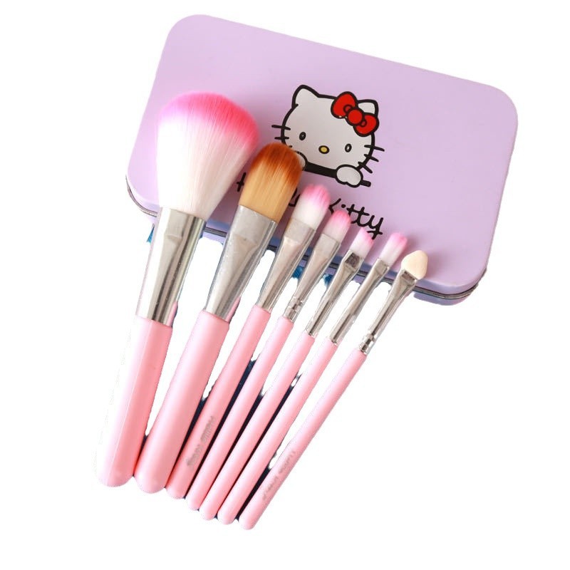 Bộ cọ trang điểm hộp sắt di động 7 mảnh có thiết kế hình mèo Kt hoạt hình - Hoàn hảo cho người mới bắt đầu & dụng cụ làm đẹp chuyên nghiệp