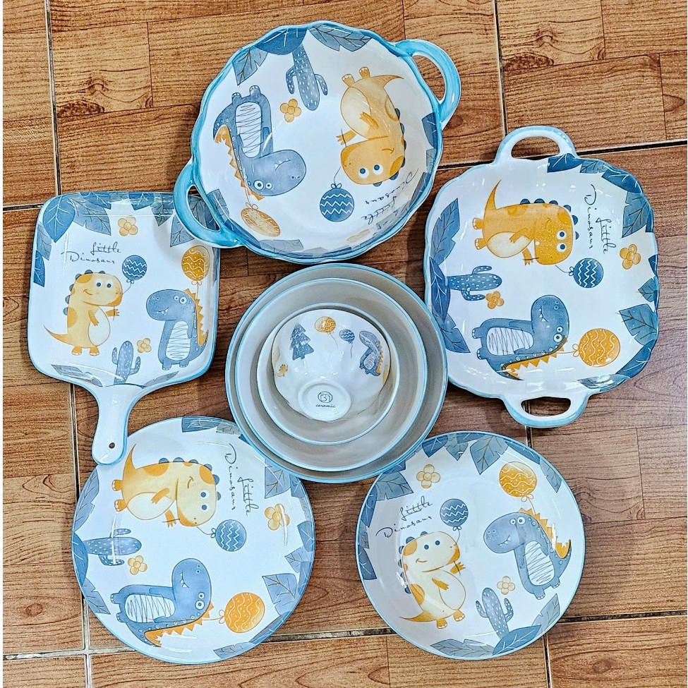 Bán lẻ bộ bát đĩa sứ họa tiết khủng long decor dễ thương