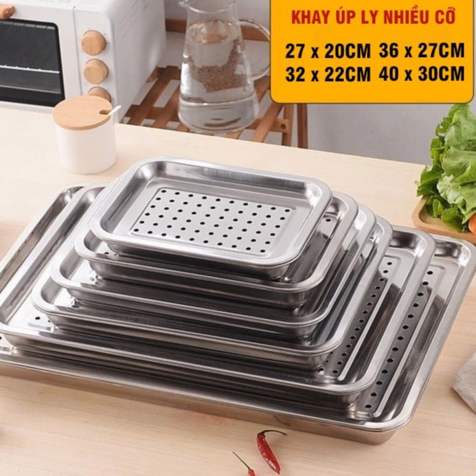 Khay inox úp ly ráo nước có lỗ - mâm trà chữ nhật nhiều cỡ
