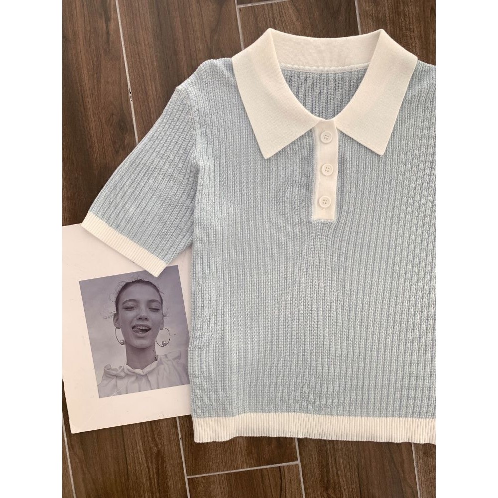 SUXI Áo sơ mi Polo đeo vai thẳng màu xanh đơn giản mới dành cho nữ mùa hè 250409