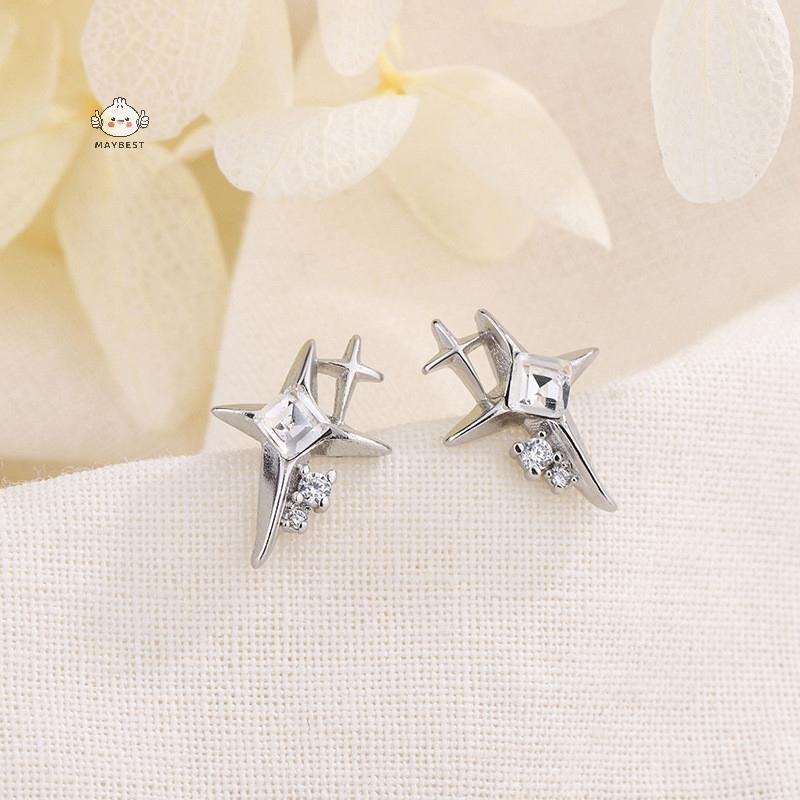 Maybest 1 Đôi Bông tai hình ngôi sao bạc thời trang Zircon dành cho nữ Cô gái Hàn Quốc Ngôi sao bốn cánh Bông tai cá tính Trang sức {VN}