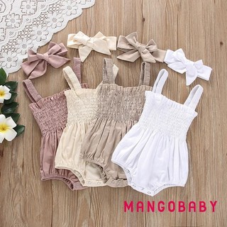 MG-Baby Áo Liền Quần Mùa Hè Trang Phục Màu Trơn Ruched Bé Gái Thường Ngày Không Tay Suspender Rompers Và Băng Đô