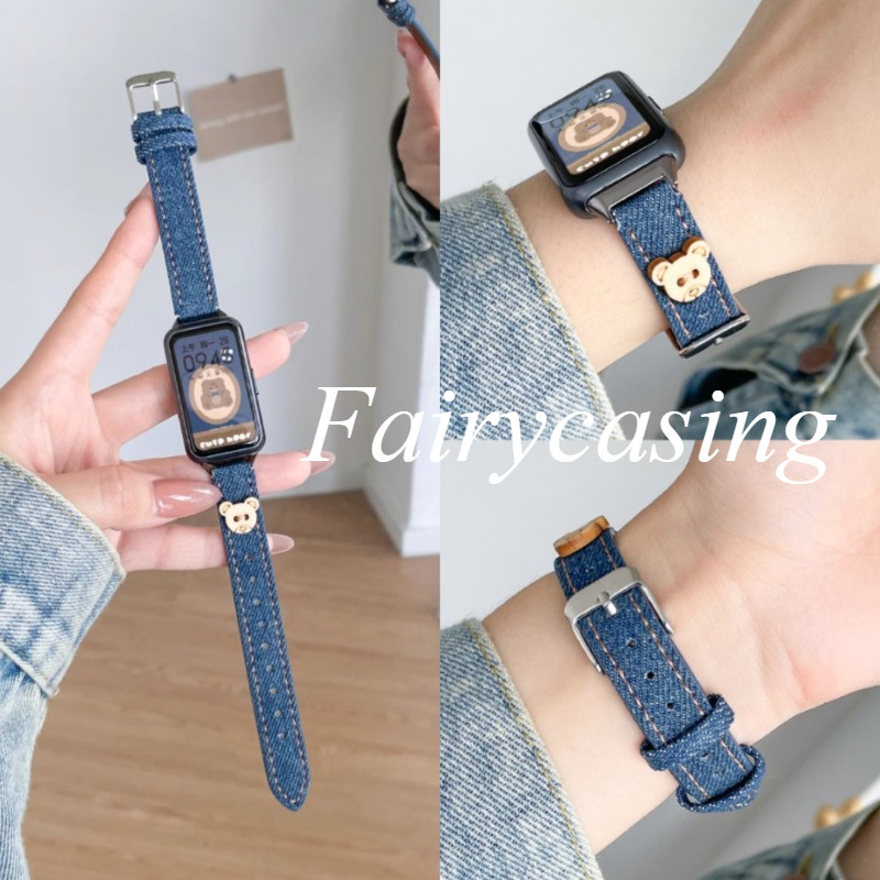 Dây đeo đồng hồ cao bồi gấu nhỏ dễ thương cho Huawei Band 11 Pro 10 9 8 Dây đeo đồng hồ Denim cho Honor Band 9 Vòng đeo tay thay thế