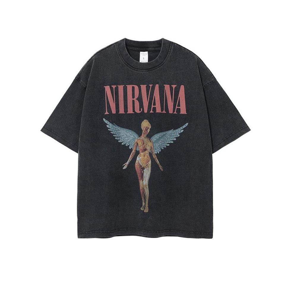 [Bộ sưu tập người 1086] Nirvana Band Rock Nirvana Cobain Cobain In hình đau khổ Washed Retro Wax Nhuộm áo thun dáng rộng