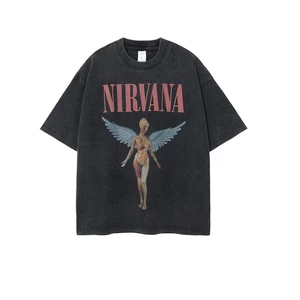 Nirvana Band Rock Nirvana Cobain Cobain In hình đau khổ Washed Retro Wax Nhuộm áo thun dáng rộng